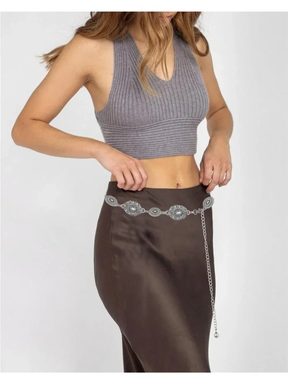 Women's Black Silver Metal Belt Concho Belt Cowgirl Boho Vintage Chain Belt